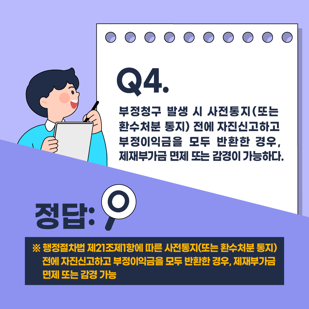 질문4 부정청구 발생 시 사전통지 또는 환수처분 통지 전에 자진신고하고 부정이익금을 모두 반환한 경우 제재부가금 면제 또는 감경이 가능하다. 정답은 O입니다. 행정절차법 제21조제1항에 따른 사전통지 또는 환수처분 통지 전에 자진신고하고 부정이익금을 모두 반환한 경우 제재부가금 면제 또는 감경이 가능합니다.
