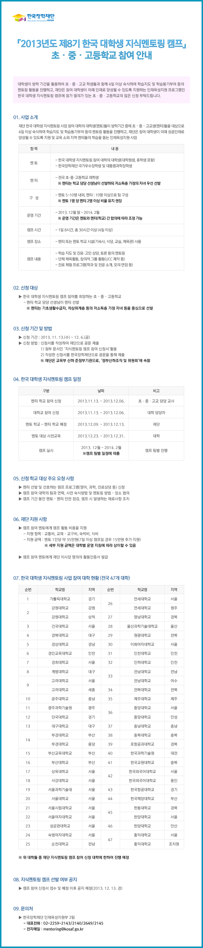 제8기 대학생 지식멘토링 캠프 멘티 학교 안내_본 이미지의 자세한 내용은 아래와 같습니다.