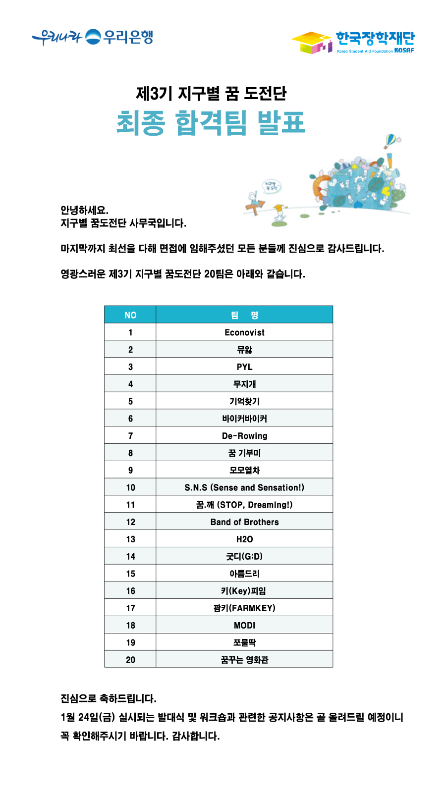 제3기 지구별 꿈도전단 최종 합격자 발표 _자세한 내용은 아래와 같습니다.