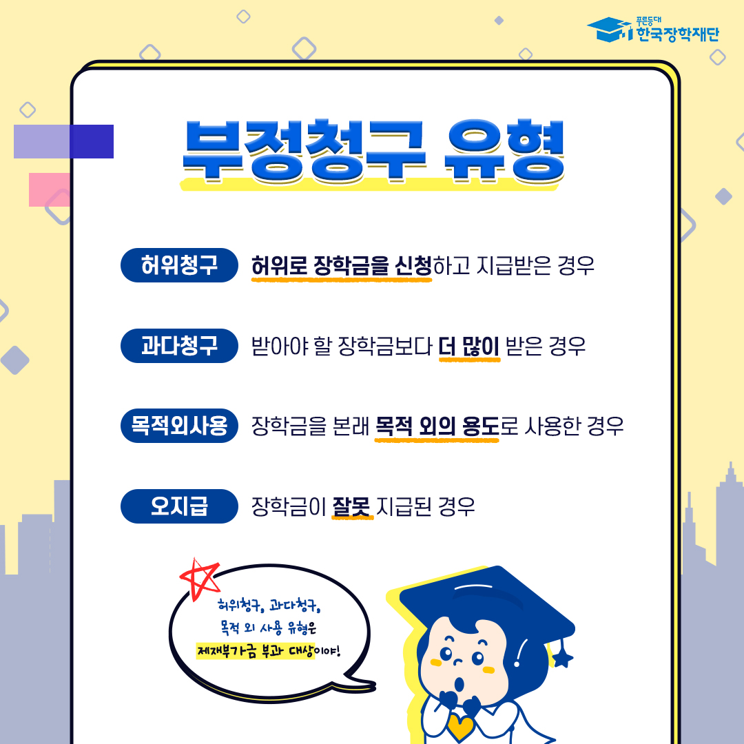 부정청구 유형 허위청구 허위로 장학금을 신청하고 지급받은 경우 과다청구 받아야 할 장학금보다 더 많이 받은 경우 목적외사용 장학금을 본래 목적 외의 사용 용도로 사용한 경우 오지급 장학금이 잘못 지급된 경우 허위청구 과다청구 목적외사용 유형은 제재부가금 부과 대상이야!