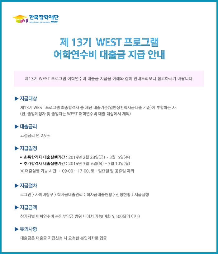 제 13기 WEST 프로그램 어학연수비 대출금 지급 안내_자세한 내용은 아래와 같습니다.