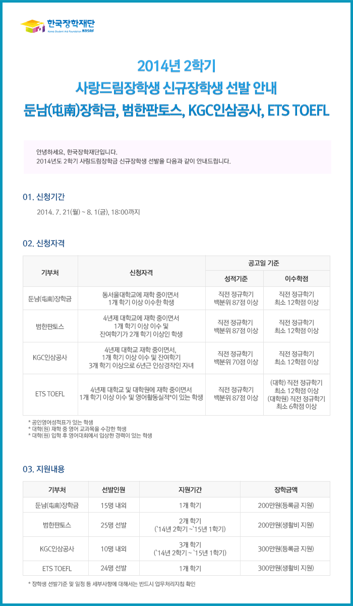 2014년 2학기 사랑드림장학생 신규장학생 선발 안내(둔남(屯南)장학금, 범한판토스, KGC인삼공사, ETS TOEFL)_자세한 내용은 아래와 같습니다.