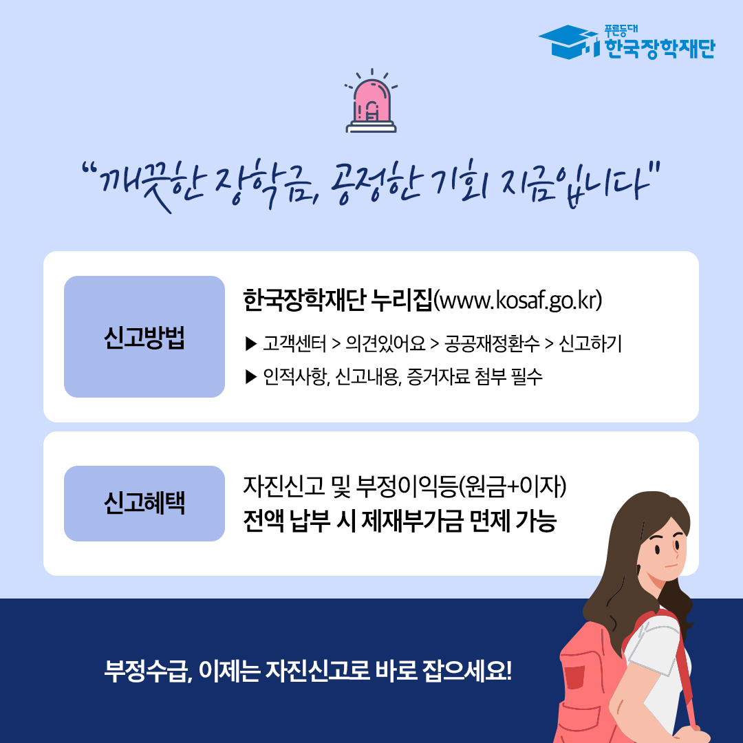 깨끗한 장학금, 공정한 기회 지금입니다. 신고방법 고객센터>의견있어요>공공재정환수>신고하기 인적사항,신고내용,증거자료 첨부 필수 신고혜택 자진신고 및 부정이익등(원금+이자) 전액 납부 시 제재부가금 면제 가능 부정수급, 이제는 자진신고로 바로 잡으세요! 공공재정환수법에 따라 장학금을 허위청구, 과다청구, 목적외사용으로 부정수급한 경우 부정이익등(장학금 원금 및 이자)과 더불어 장학금 원금의 최대 5배까지 제재부가금이 부과되나 자진신고하고 부정이익등을 전액 납부할 경우 제재부가금이 면제됩니다. 캠페인 운영기간 외에도 언제든지 신고는 가능하며, 타인의 부정수급이 의심되는 경우에도 신고 가능합니다. 부정수급, 이제는 자진신고로 바로 잡으세요!!